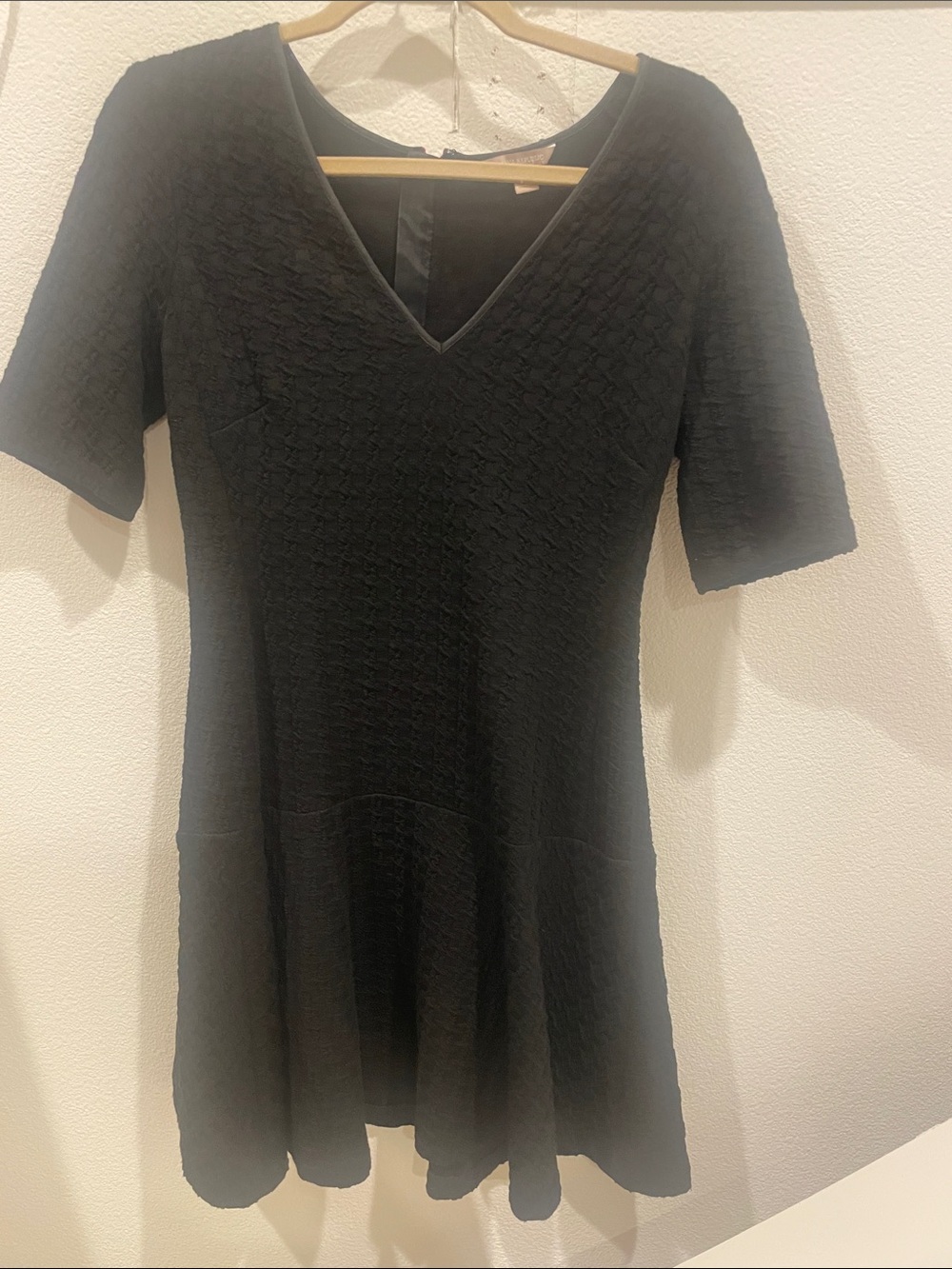 Women's Black V-Neck Textured Fit-and-Flare Dress